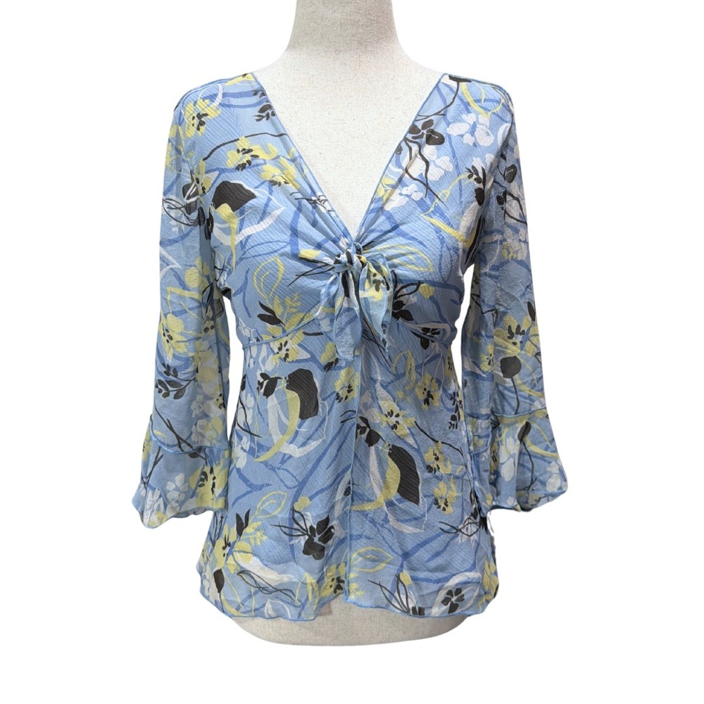 Y2K Fairy Blue Floral 100% Silk V-Neck Tie Front Bell Sleeve Blouse Size 8